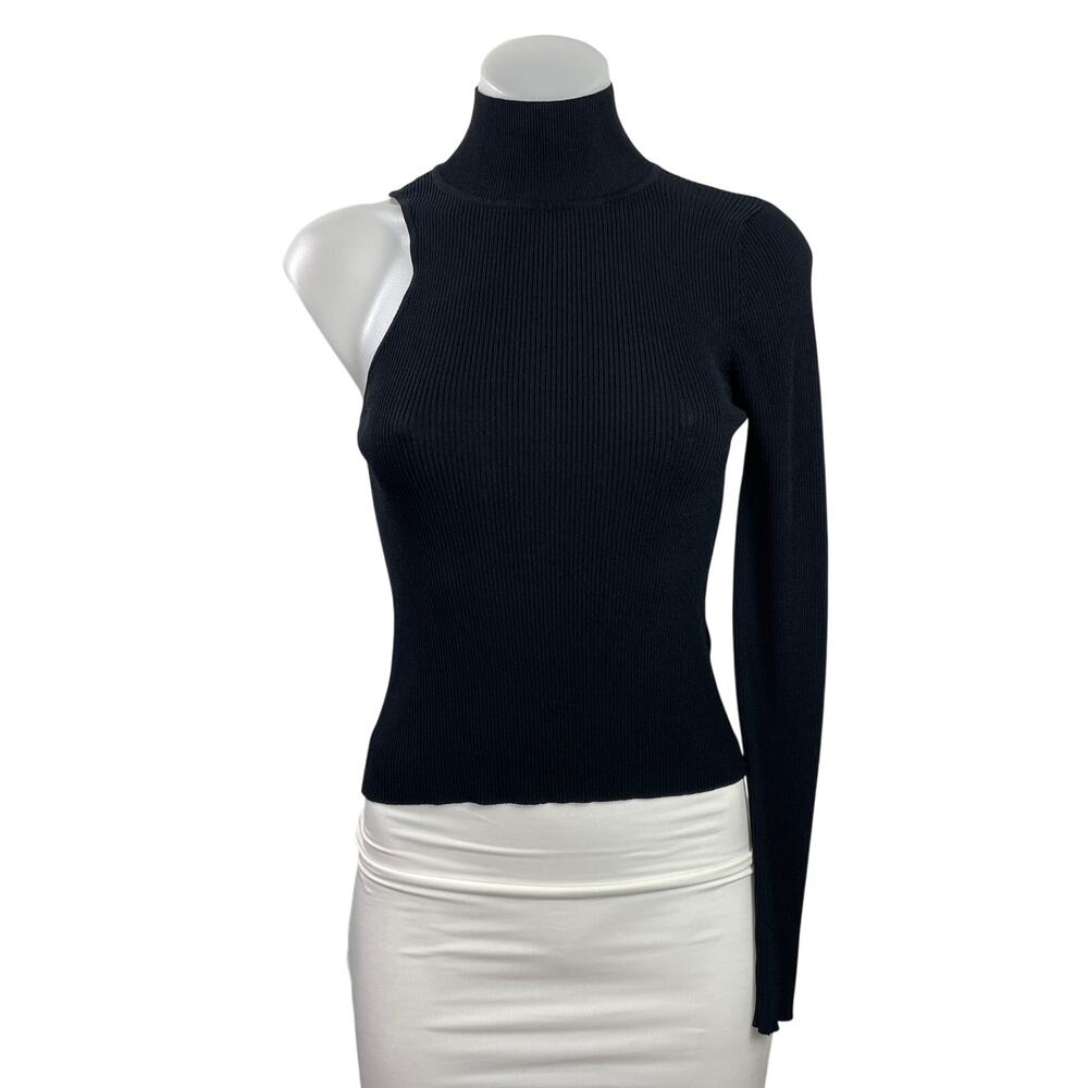 Zara Womens Black Ribbed Knit Turtleneck One Shoulder Long Sleeve Sweater Top M
